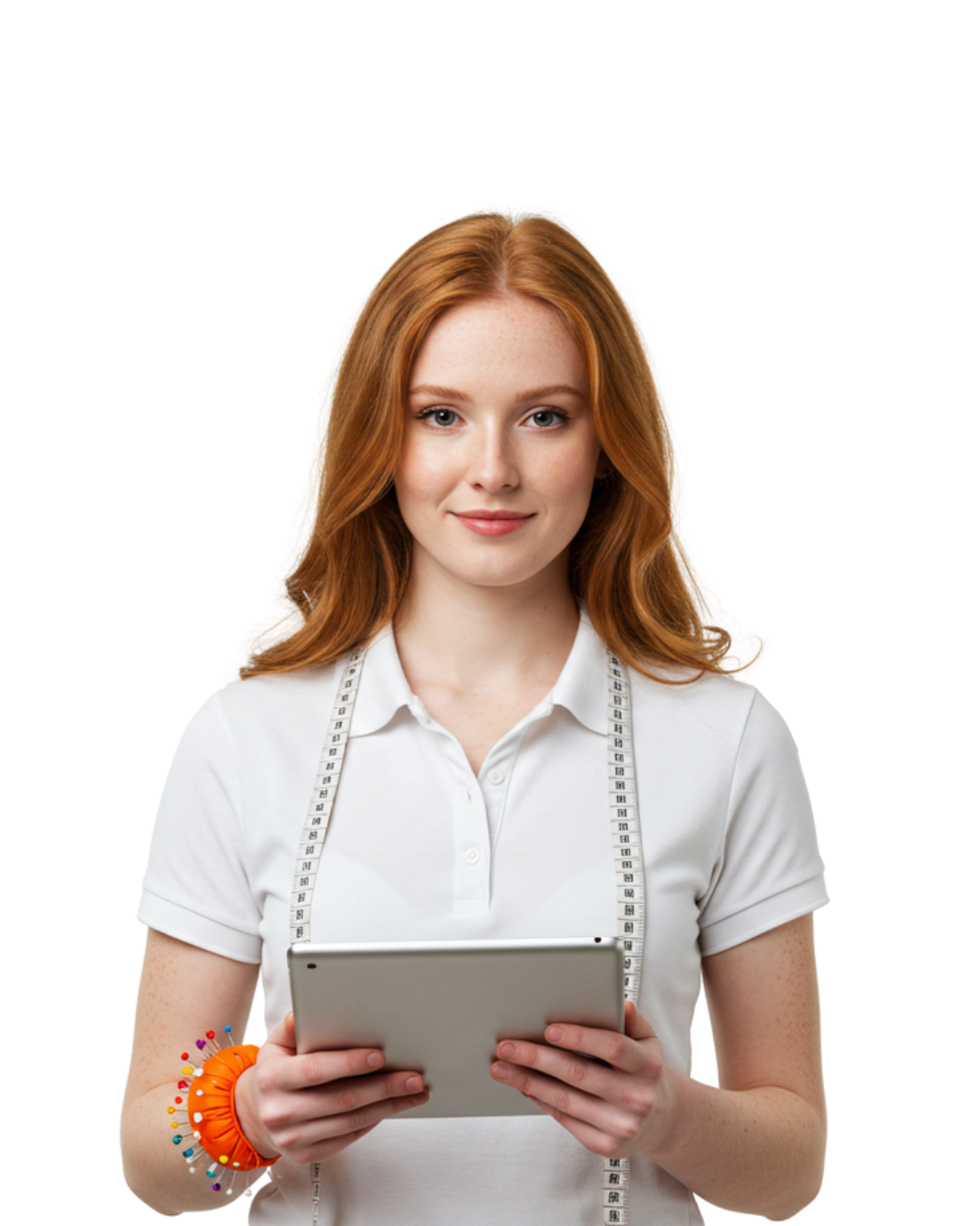 Profissional de confecção com fita métrica e tablet